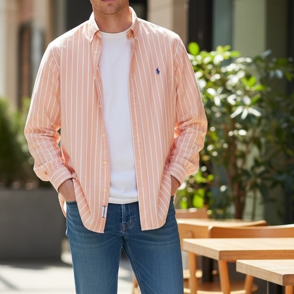 Ralph Lauren Men's Peach Striped Button Down Shirt - Picture 2 of 7